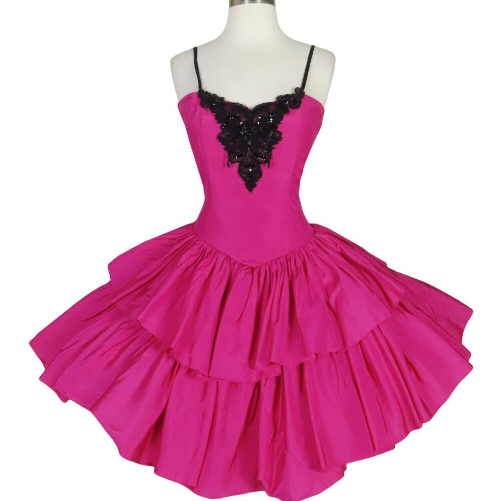 Vintage 80s Pink Black Beaded Tiered Full Skirt Prom Cocktail Party Dress S M - Picture 1 of 14